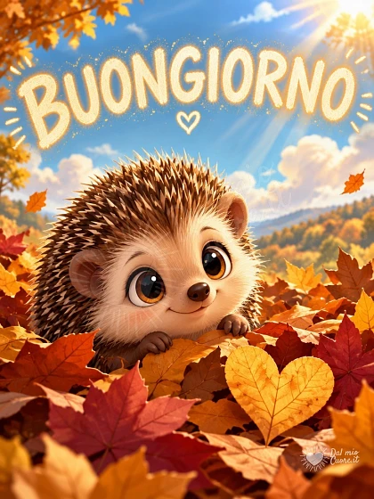 Buongiorno con un tenero riccio e foglie autunnali