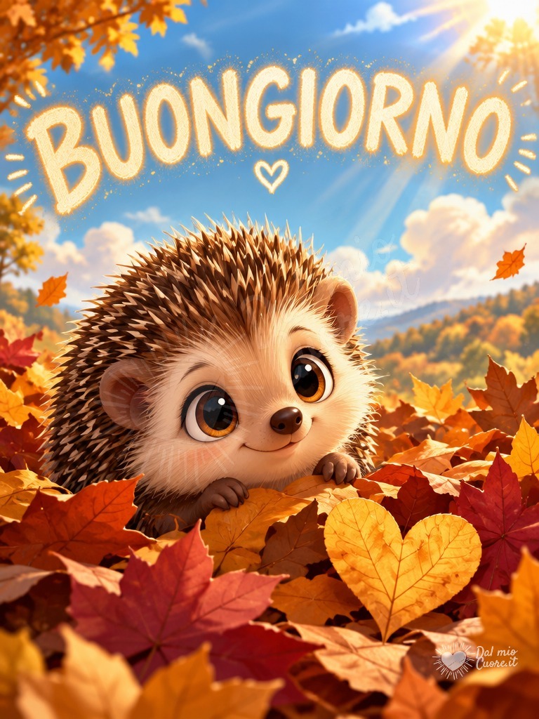Buongiorno con un tenero riccio e foglie autunnali