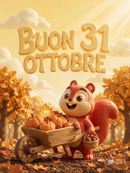 Simpatico scoiattolo 3D tra foglie dorate e piccole zucche per il 31 ottobre.
