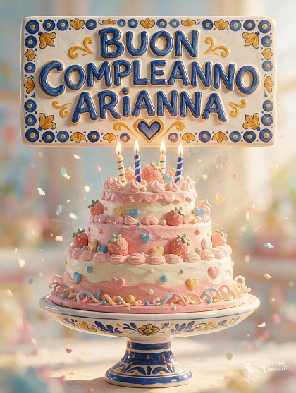 Torta di compleanno decorata con fragoline e candeline accese per Arianna.