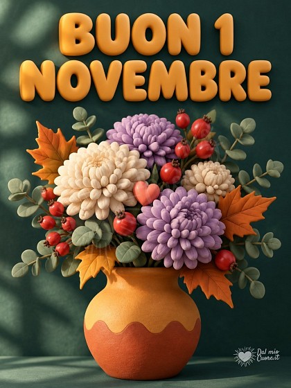 Vaso modellato con crisantemi e rami di bacche per il primo novembre.