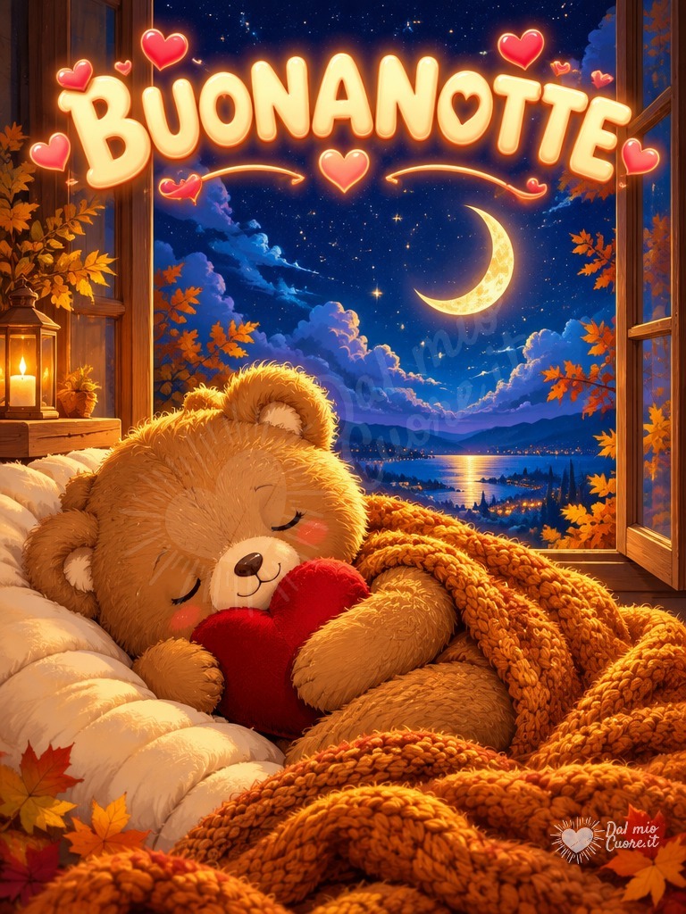 Buonanotte con dolce orsetto e cuore di peluche