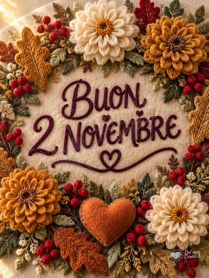 Crisantemi ricamati e bacche autunnali per augurare una buona giornata.