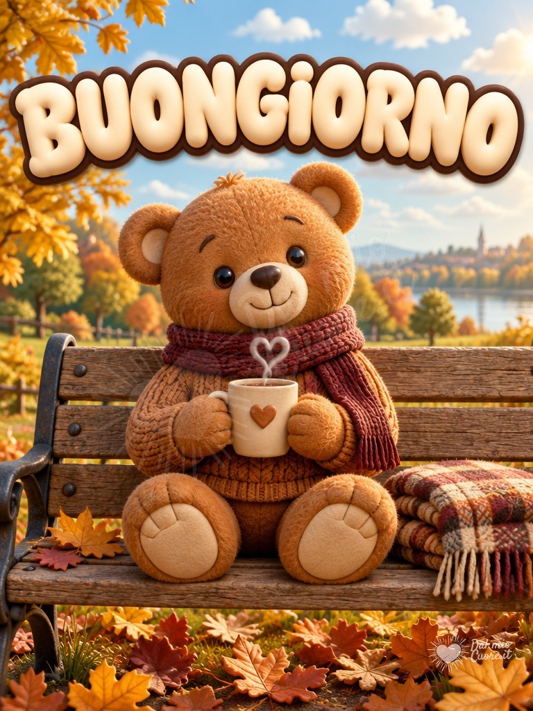 Buongiorno con tenero orsetto e tazza calda d'autunno