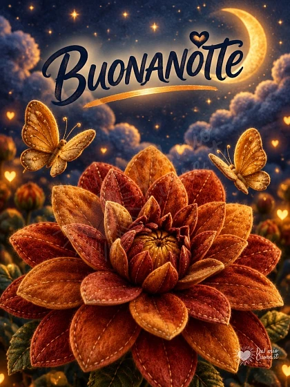 Buonanotte con fiore sotto la luna e farfalle dorate