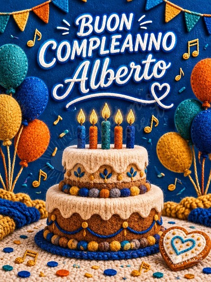 Torta di compleanno con candeline accese e note musicali per festeggiare Alberto.