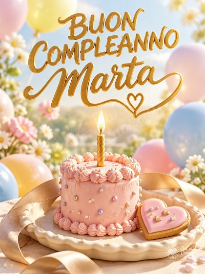 Deliziosa tortina con candelina accesa e cuori per il compleanno di Marta.