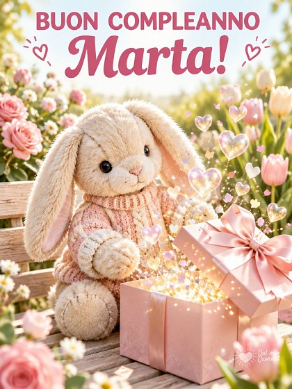 Tenero peluche che apre una scatola regalo luminosa per il compleanno di Marta.