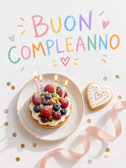 Torta artigianale con candeline accese e frutti di bosco per il compleanno.