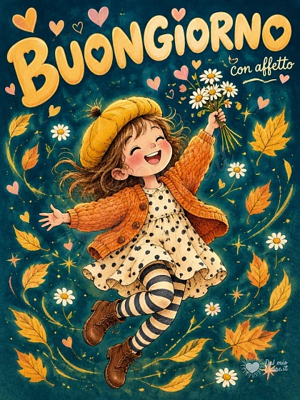 Buongiorno con salto di gioia e mazzolino di fiori