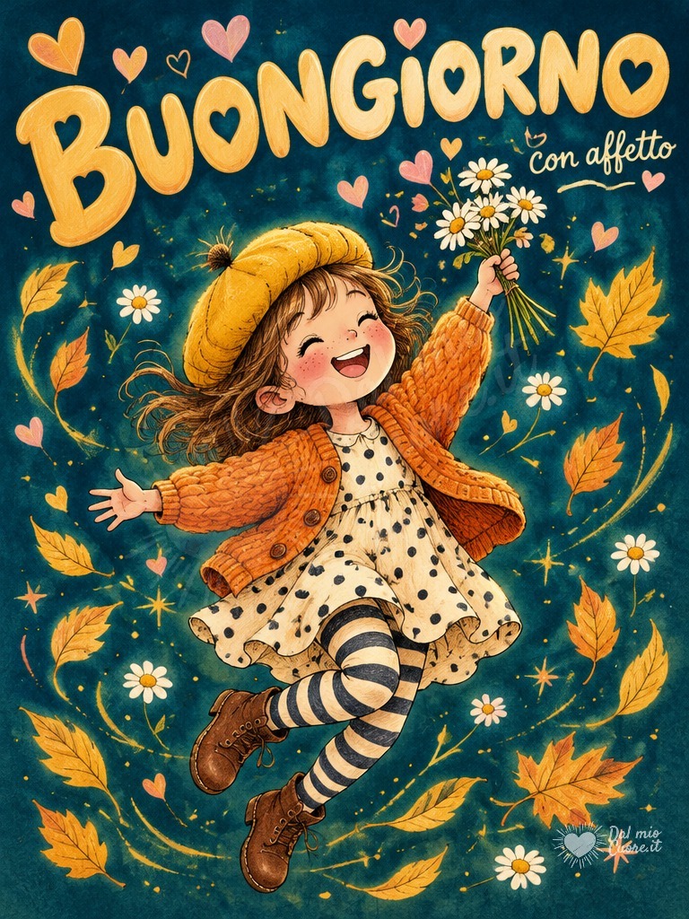 Buongiorno con salto di gioia e mazzolino di fiori
