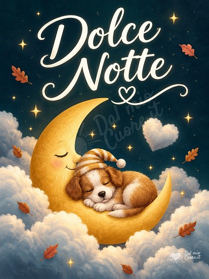 Un piccolo cucciolo addormentato sulla luna tra soffici nuvole e stelle d'autunno.