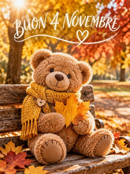 Orsetto di peluche con sciarpa tra le foglie dorate al sole autunnale.