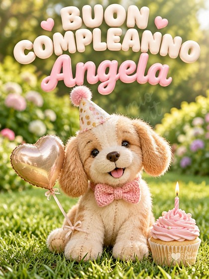 Un cagnolino di peluche con cappellino festoso e cupcake di compleanno al parco soleggiato.