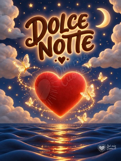 Grande cuore luminoso che fluttua sul mare notturno calmo sotto le stelle per buonanotte.