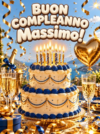 Torta di compleanno con candeline accese, palloncini dorati e coriandoli festosi.