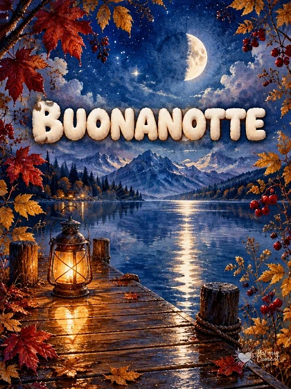 Buonanotte con lanterna sul lago d'autunno