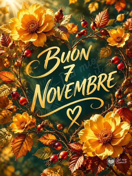 Fiori dorati con foglie autunnali e bacche rosse illuminati dal sole del mattino.