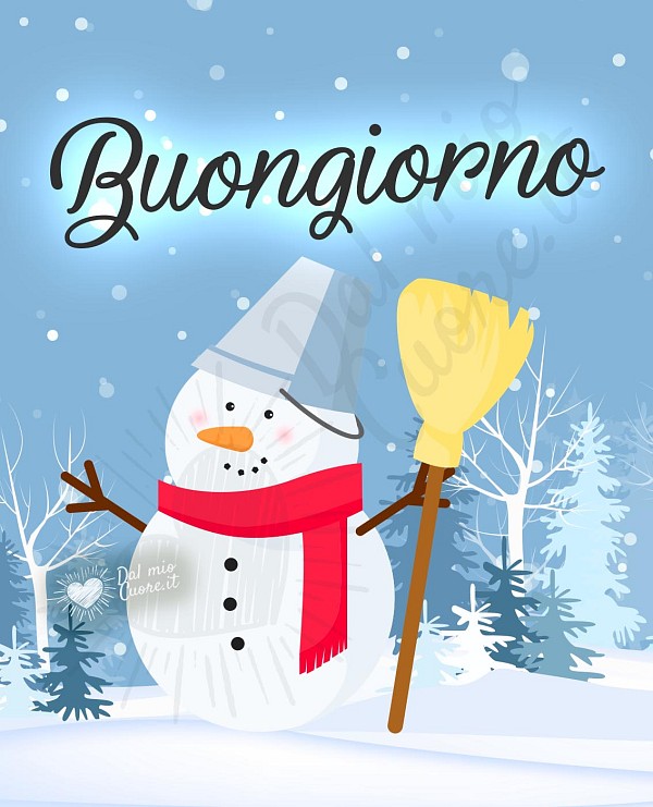 Buongiorno con pupazzo di neve e scopa