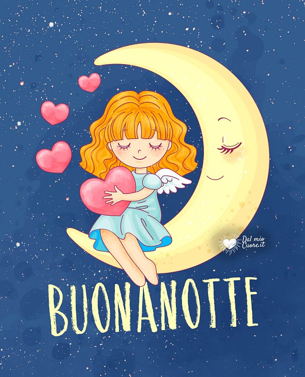 Buonanotte con angioletto e cuori sulla luna