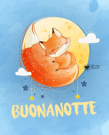 Buonanotte (con volpe che dorme accovacciata sulla luna)