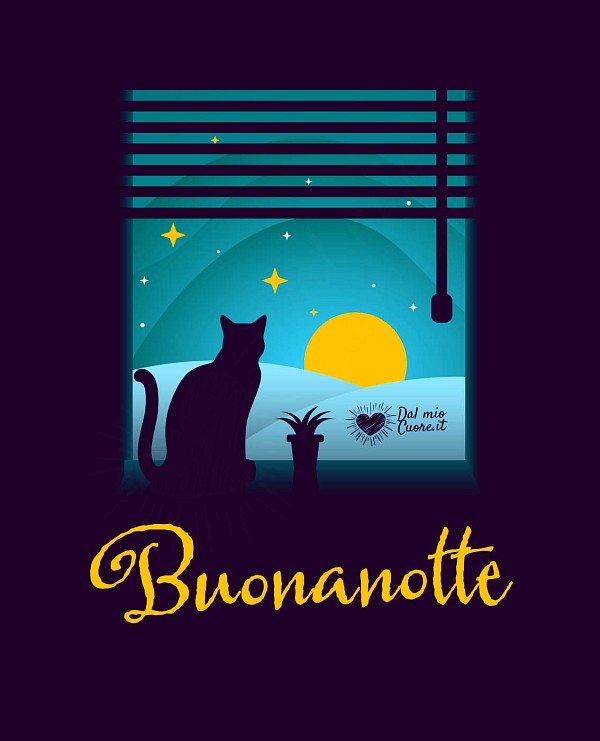 Silhouette di un gatto seduto alla finestra che contempla la luna piena e le stelle nel cielo scuro con la scritta Buonanotte.