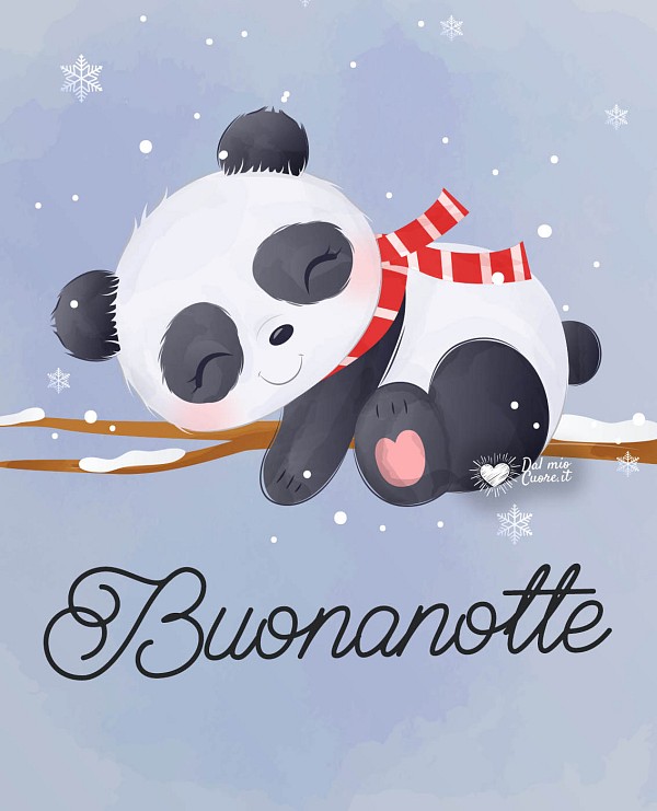 Buonanotte invernale con un tenero panda sotto la neve