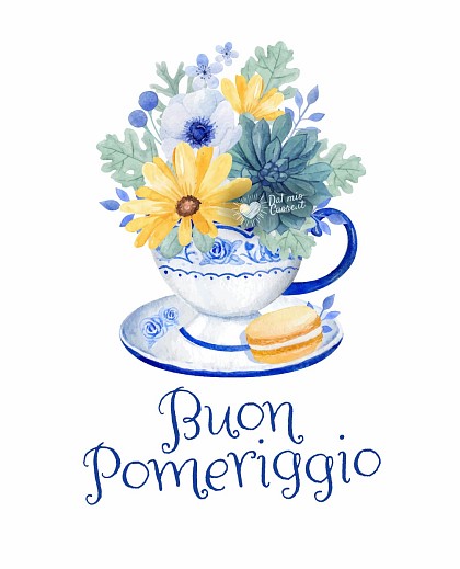 Buon Pomeriggio con fiori in una tazzina da tè