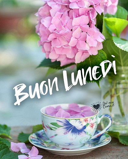 Buon Lunedì con tazza di te e petali