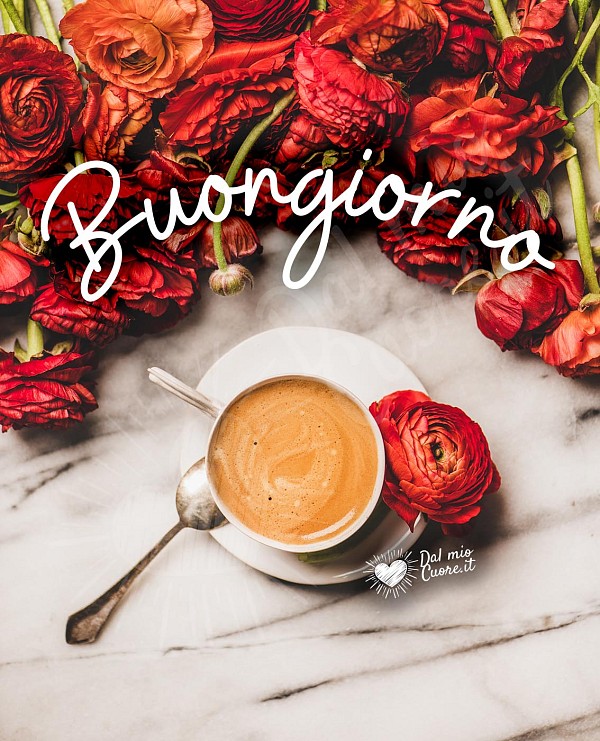 Immagini Buongiorno con caffè e fiori rossi