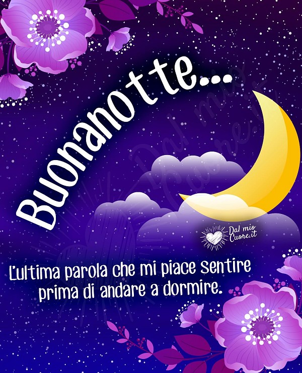 Fiori notturni e luna splendente con la frase Buonanotte... L’ultima parola che mi piace sentire prima di andare a dormire.