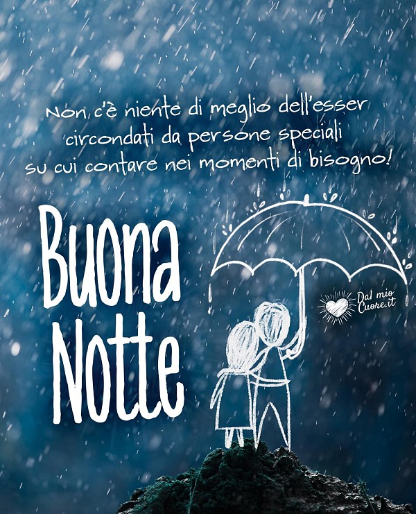 Buona notte con pioggia e frase: è bello esser circondati da persone speciali