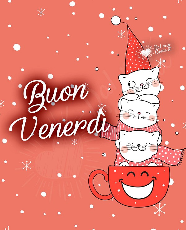 Buon Venerdì natalizio con mici sorridenti in una tazzina di caffè