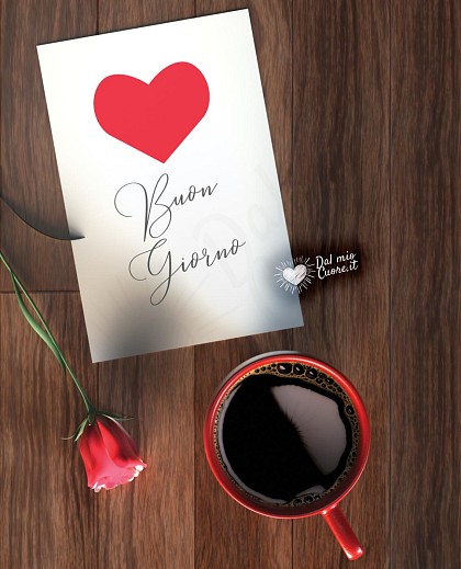 Imm buongiorno con caffè, fiore e cuore
