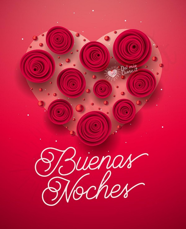 Buenas noches románticas con un corazón hecho de rosas