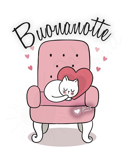Buonanotte con gattino che dorme sulla poltrona