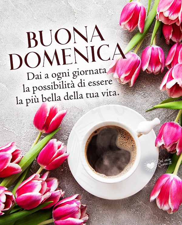 Buona domenica con frase, fiori e caffè