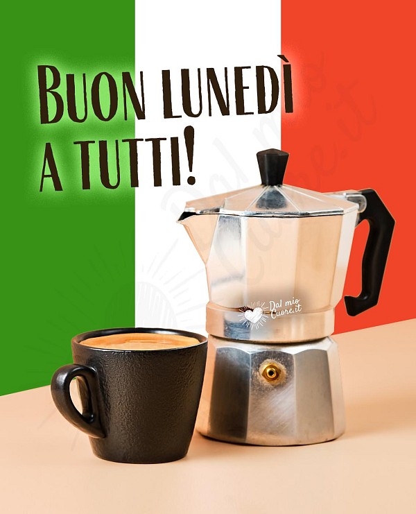 Buon lunedì con caffè e bandiera dell'Italia