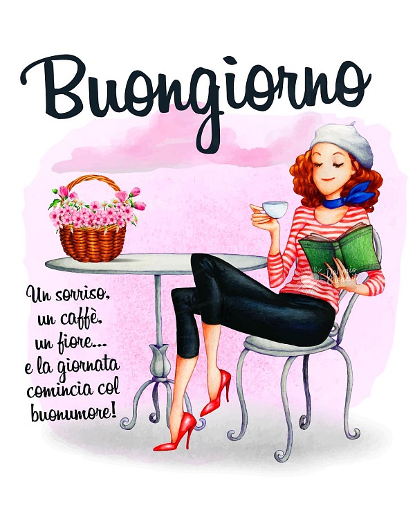 Imm Buongiorno con frase. Un sorriso, un caffè, un fiore... e la giornata comincia col buonumore!
