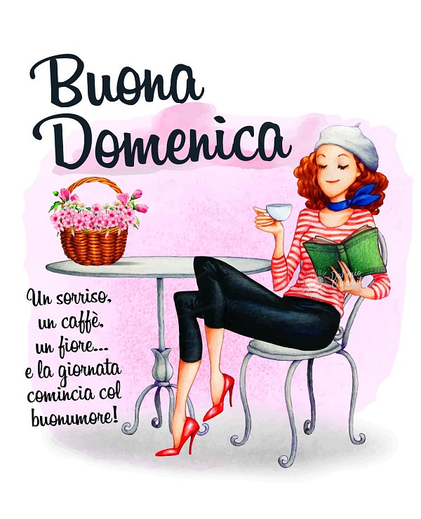 Imm Buona domenica con frase. Un sorriso, un caffè, un fiore... e la giornata comincia col buonumore!