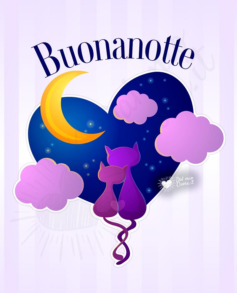 Buonanotte con gattini abbracciati, luna e cuore