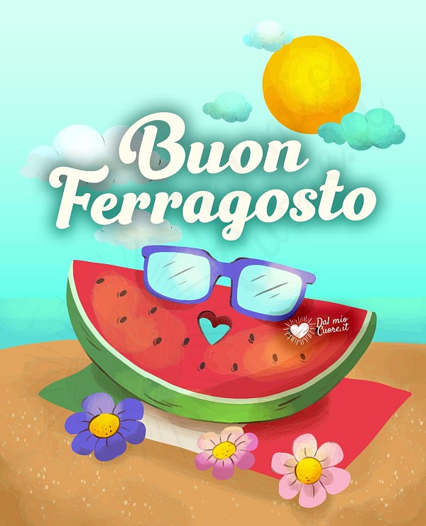 Buon ferragosto con fetta d'anguria al mare