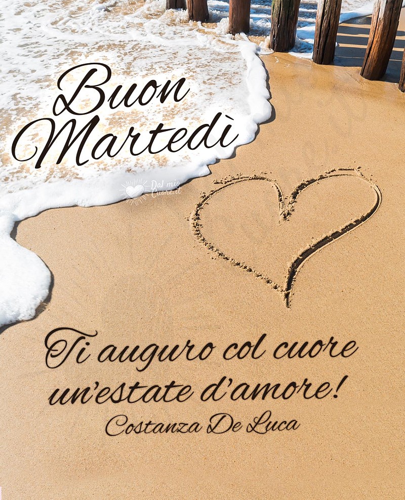 Buon martedì con frase, spiaggia, cuore e mare