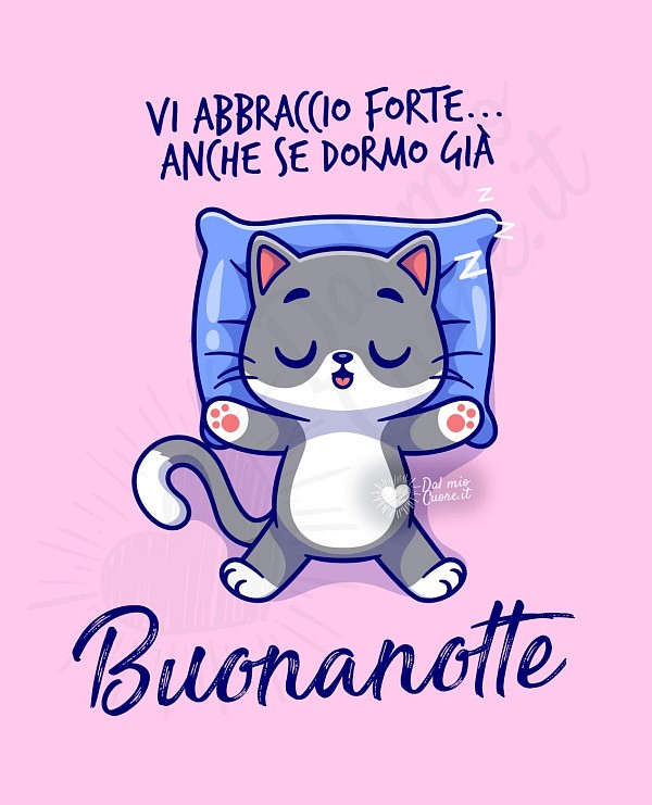 Gattino addormentato raggomitolato su un cuscino con la scritta Vi abbraccio forte... anche se dormo già. Buonanotte.