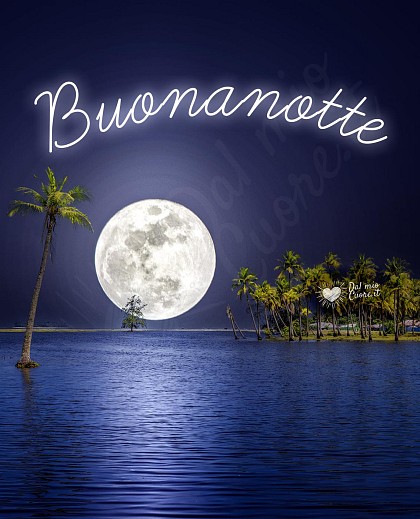 Paesaggio marino notturno con profilo di un'isola e il riflesso luminoso della luna piena sulle onde calme del mare. Buonanotte.
