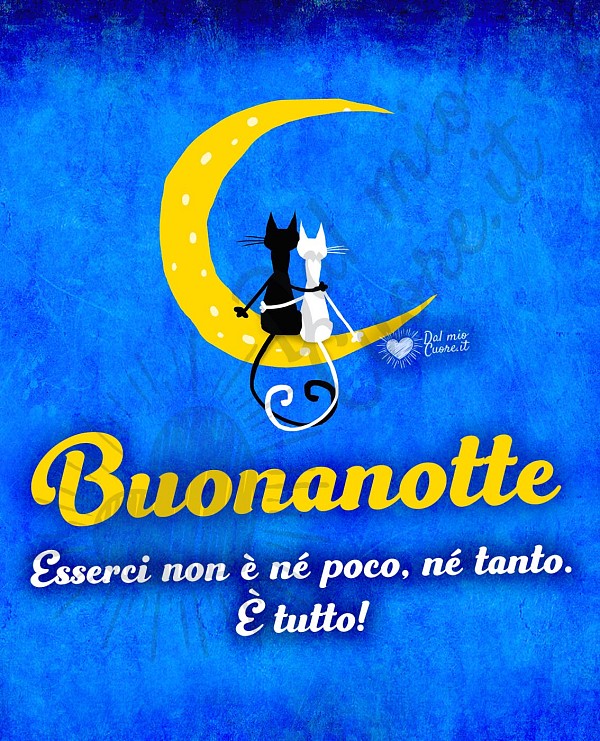Due gatti seduti insieme su una falce di luna nel cielo stellato con la citazione Esserci non è né poco, né tanto. È tutto! Buonanotte.