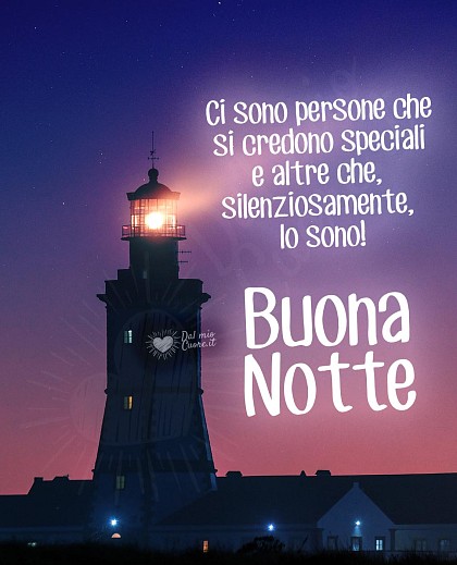 Un faro illuminato su una scogliera a picco sul mare di notte con la frase Ci sono persone che si credono speciali e altre che, silenziosamente, lo sono! Buona Notte.