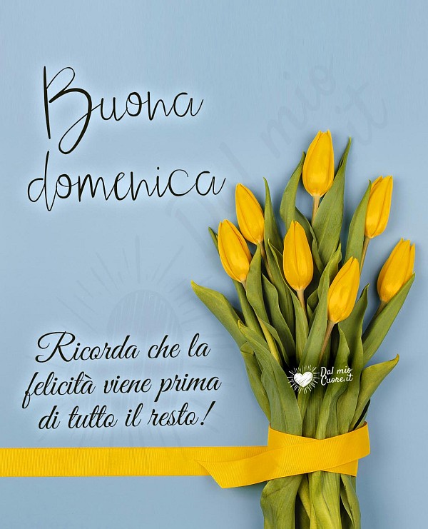 Buona domenica con fiori gialli e frase sulla felicità