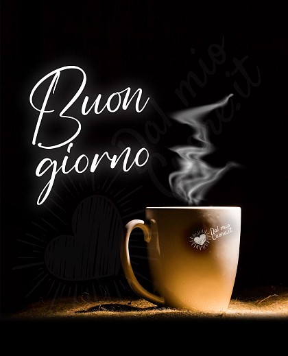 Buon giorno con tazzina di caffè fumante