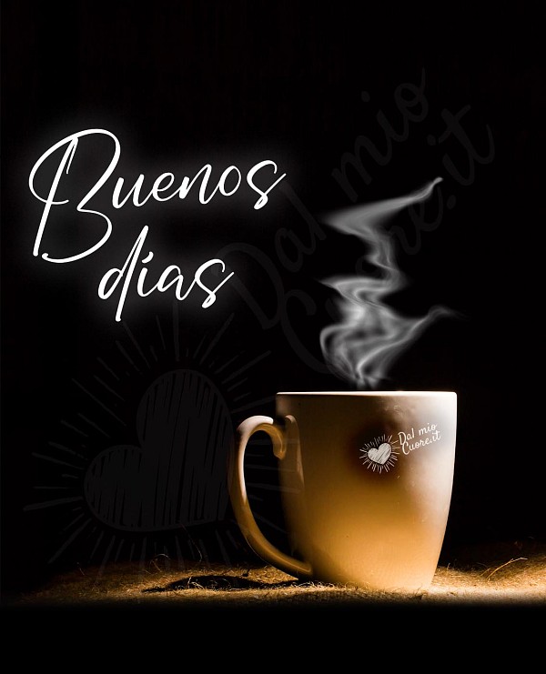 Buenos días con una taza de café humeante